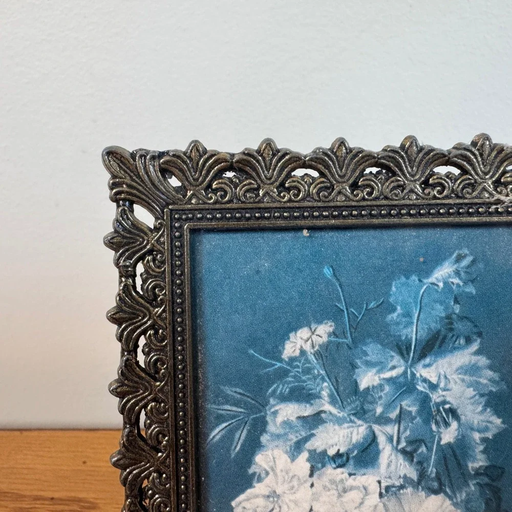 Vintage Ornate Brass Miniature Picture Frame Made in Italy Blue Floral‎ Art
